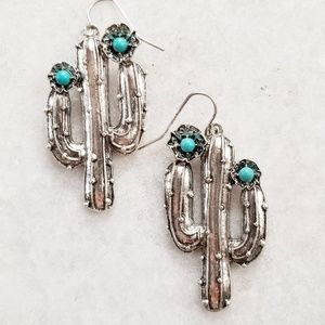 Turquoise Flower Silver Cactus Earrings
